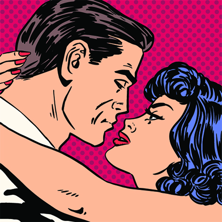 Kiss love movie romance heroes lovers man and woman pop art comics retro style Halftone. Imitation of old illustrations. Actors during love scenes.