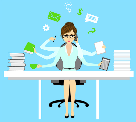 Multitasking Businesswoman or office worker sitting at the computer and fashion icons or application.Business woman shiva vector illustration concept.
